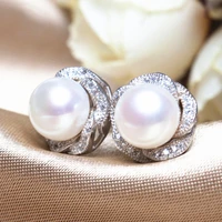 jk fashion delicacy pearl stud earrings for women wedding engagement jewelry shiny cz flower shape timeless female earrings