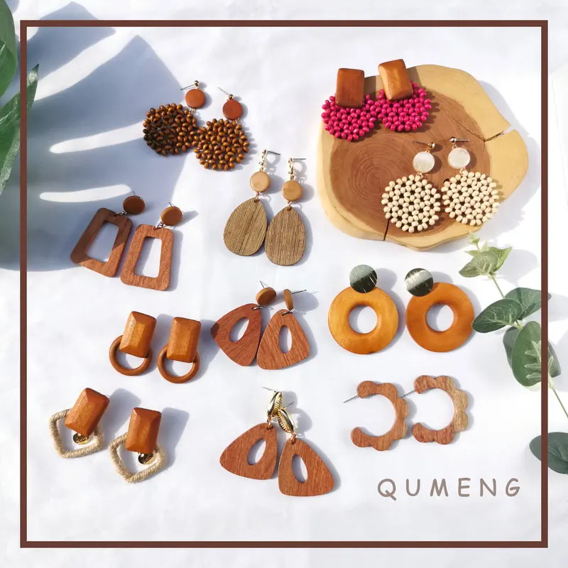 

QUMENG 27 Style Korea Wooden Straw Weave Rattan Vine Braid Stud Earrings for women New Fashion Geometric Vintage Earrings 2020