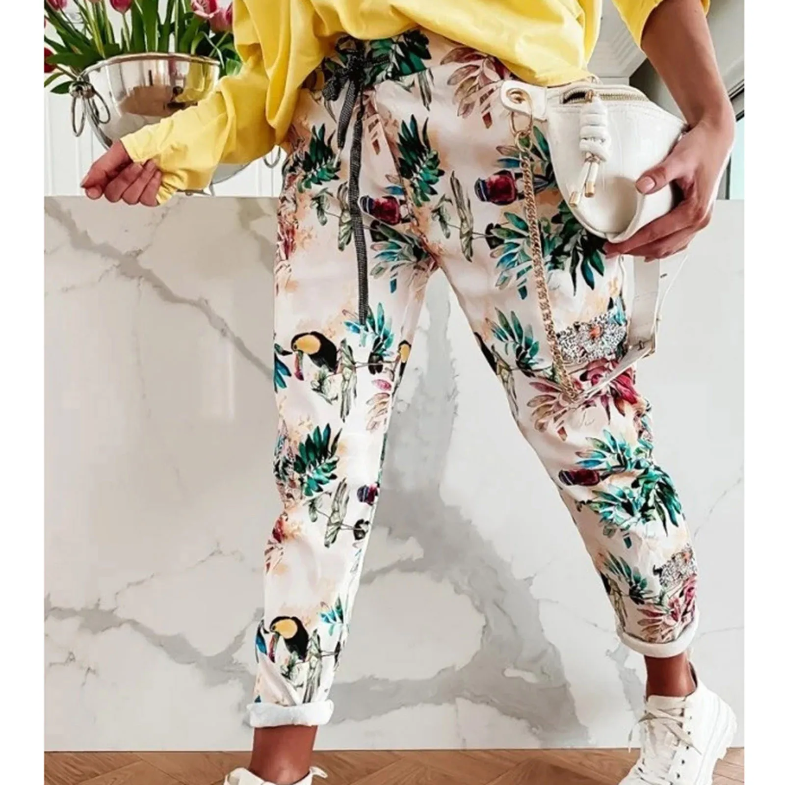 

Spring Autumn New Flower Print Long Pants Fashion Lace-Up Elastic Waist Sport Trousers Casual Women Pocket Sweatpants Streetwear