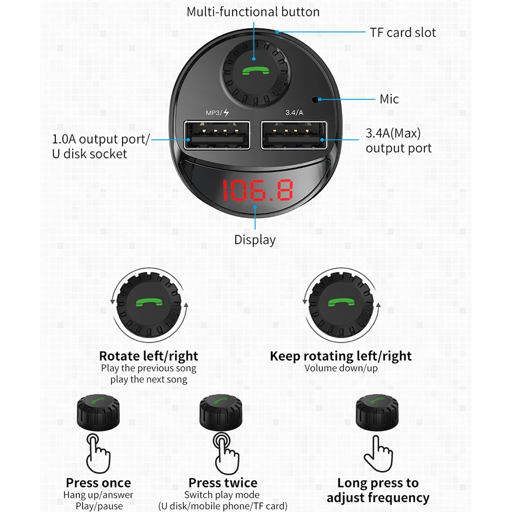 

Car Bluetooth 4.2 FM Transmitter FM Radio Adapter MP3 Player 3.4A USB Charger Dual USB Fast Charger Automobile Accessories