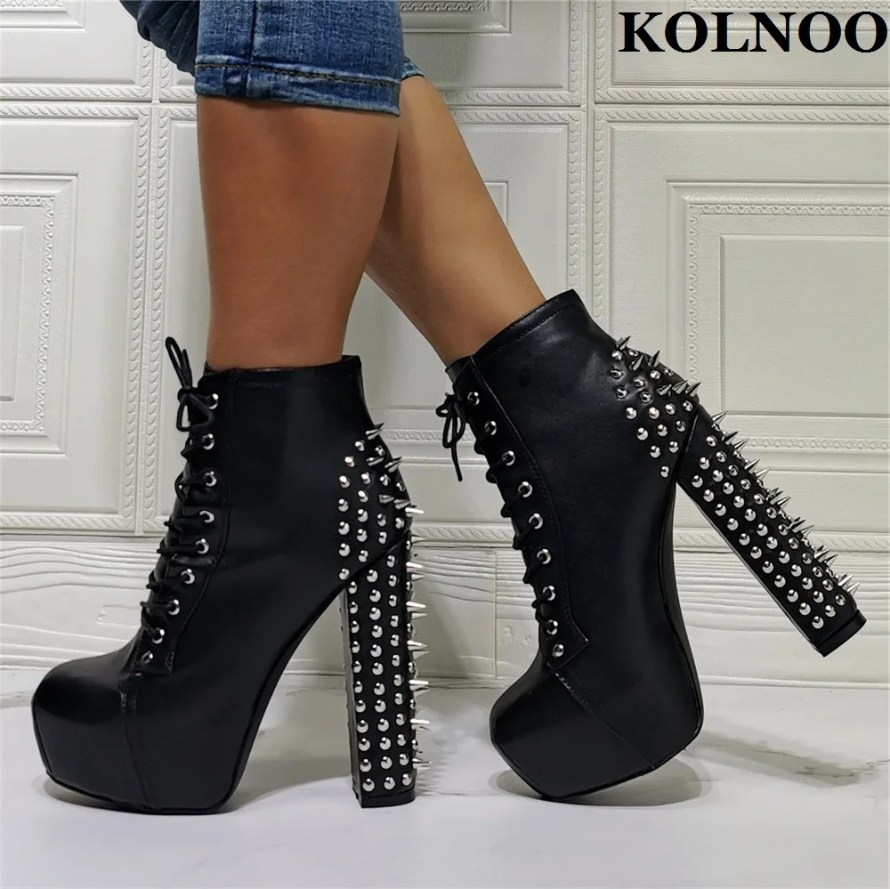 

Kolnoo New Classic Style Women Chunky Heel Boots Rivets Spikes Sexy Platform Party Prom Ankle Boots Evening Fashion Black Shoes