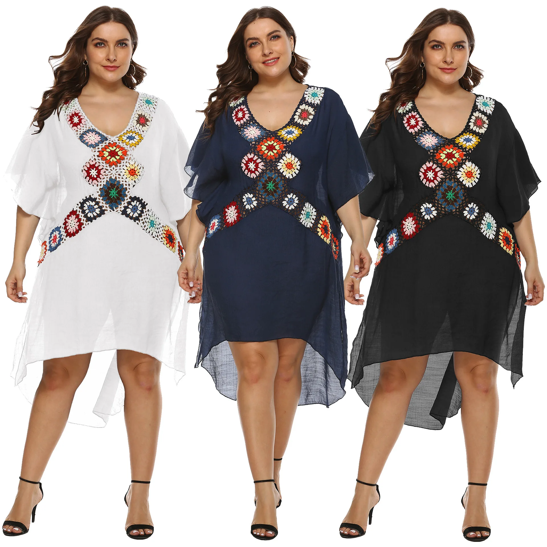 

Summer Plus Size Womens Knitted Hollow Floral Print Stitching Split Loose Beach Dress Sunscreen Blouse Large Size -40