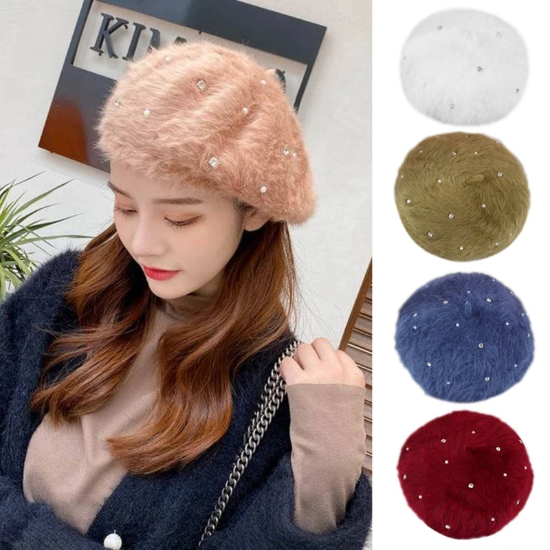 

French Style Women Winter Fuzzy Plush Beret Cap Rhinestone Faux Pearl Embellished Solid Color Painter Pumpkin Beanie Hat