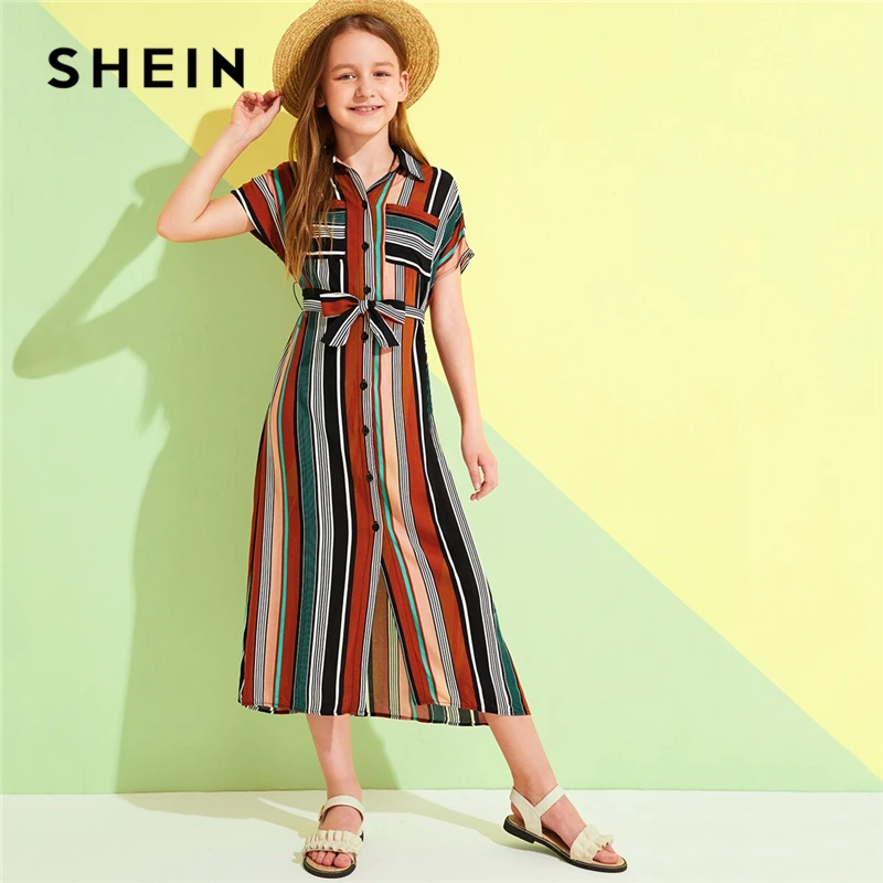 SHEIN/Детское платье-рубашка в полоску на одной пуговице с поясом спереди для девочек; коллекция года; летнее повседневное длинное платье с рукавами «летучая мышь» и карманами