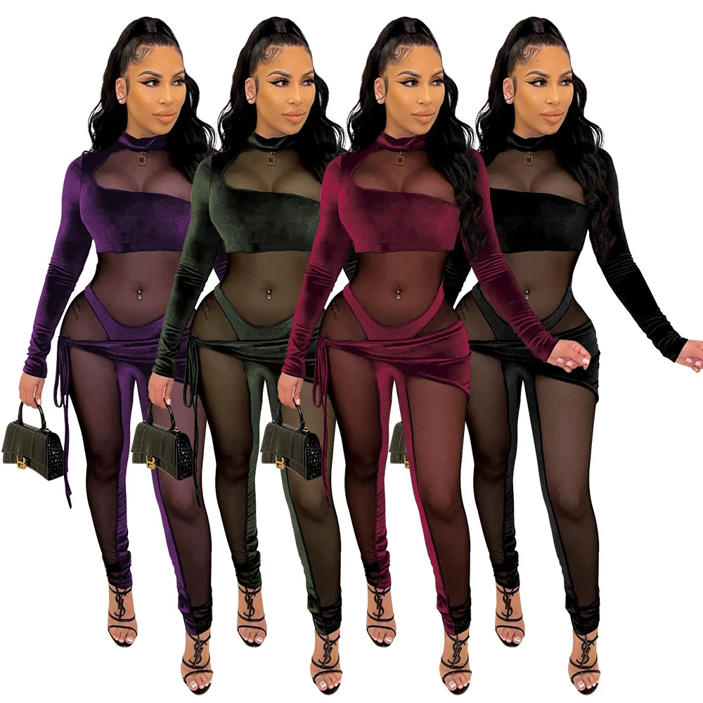 

Zoctuo Sexy See Through Mesh Velvet Womens Jumpsuit Long Sleeve Rompers Skinny Night Clubwear Party Overalls Autumn Outfits