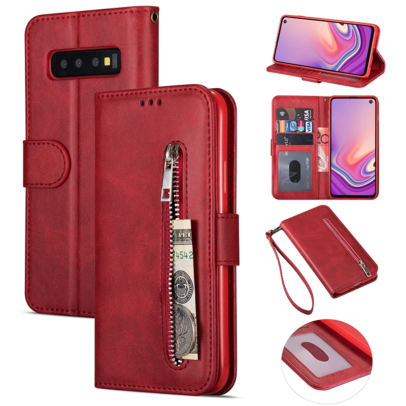 Red Роскошный кожаный бумажник с застежкой-молнией A70 A50 A40 A30 A20 A10 M10 M20 M30 M40 карты Стенд флип чехол для samsung J4 Plus J6 чехол Capa - Цвет: Red