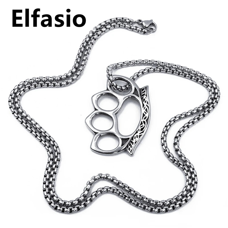 

Elfasio Mens Boys Knuckle Duster Stainless Steel Pendant Necklace with Silver Tone Box Chain Jewelry 18inch-30inch