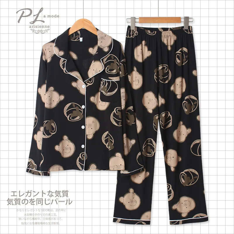 

Spring 100% Cotton Pajamas Women Long Sleeve Trousers Cartoon Printing Pyjamas Turn-down Collar Loungewear 2 Piece Sleepwear