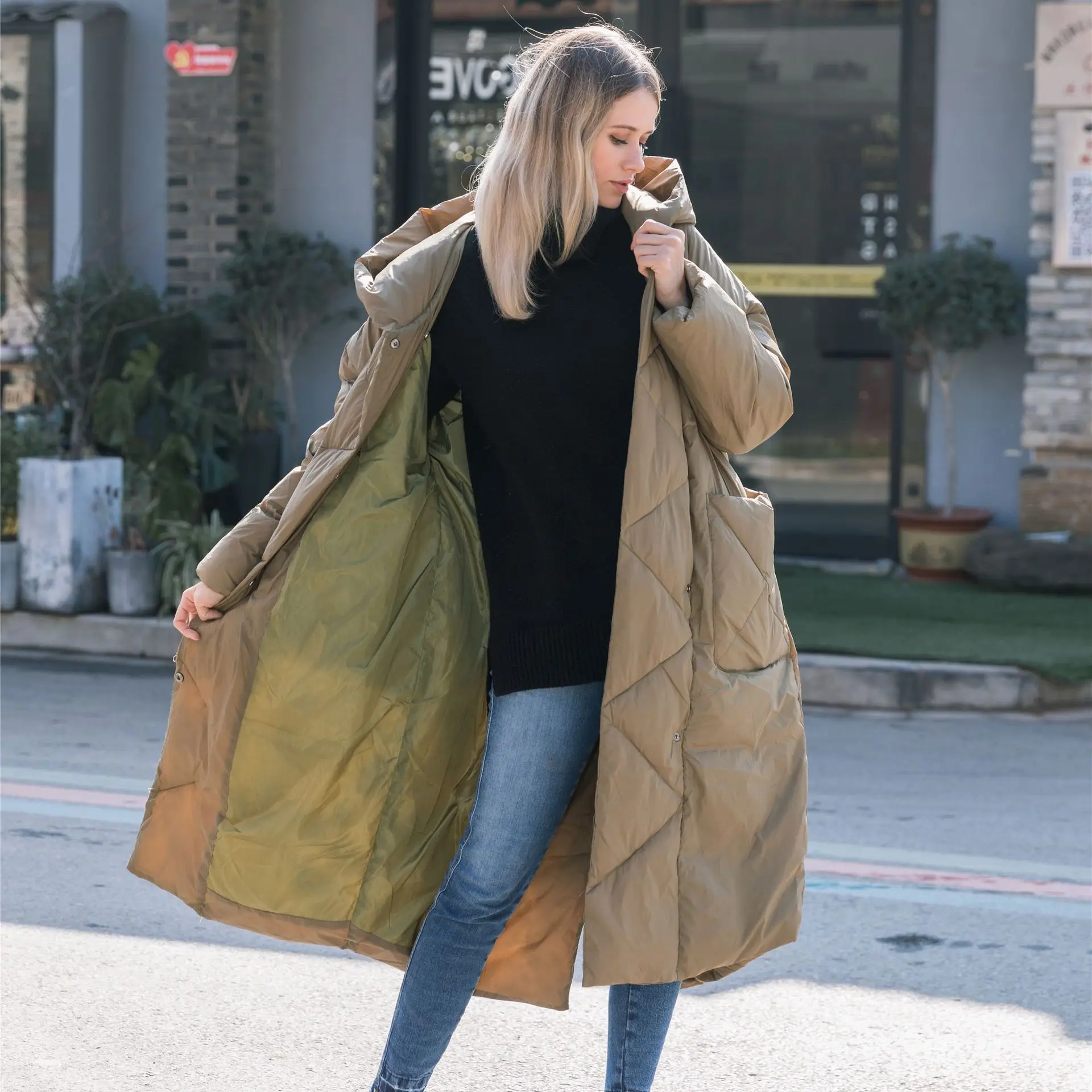 

New style ladies long thin cotton coat wind casual home pure color loose lazy women's cotton coat with hood