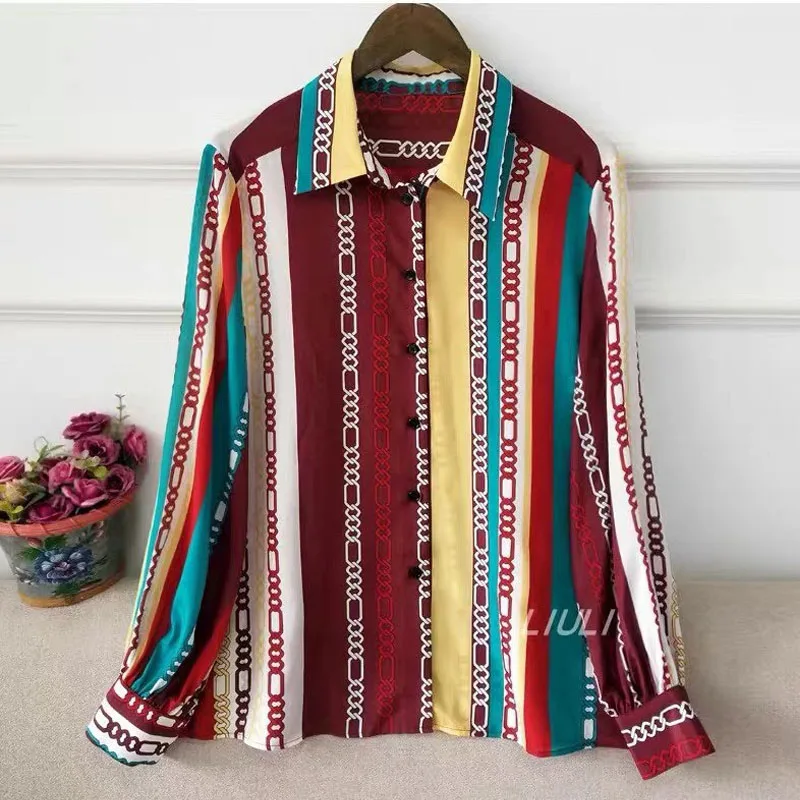 

Runway Women Shirts 2021 Spring Summer Elegant Striped Printed Turn-Down Long Sleeve High Street Vintage Blouse Y2k Top Femme Za