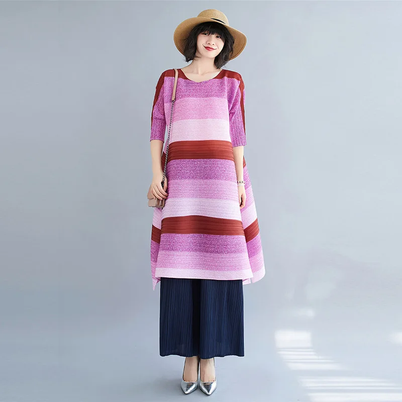 

New Miyak Pleated Women plus size dress Fashion Striped design loose round neck side slit women's dresses Tide