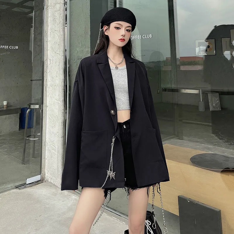 

SHENGPALAE Temperament White Blazer Women Autumn 2021 Notched Loose Single Breasted Hanging Chain Long Sleeve Suit Coat 5E3014