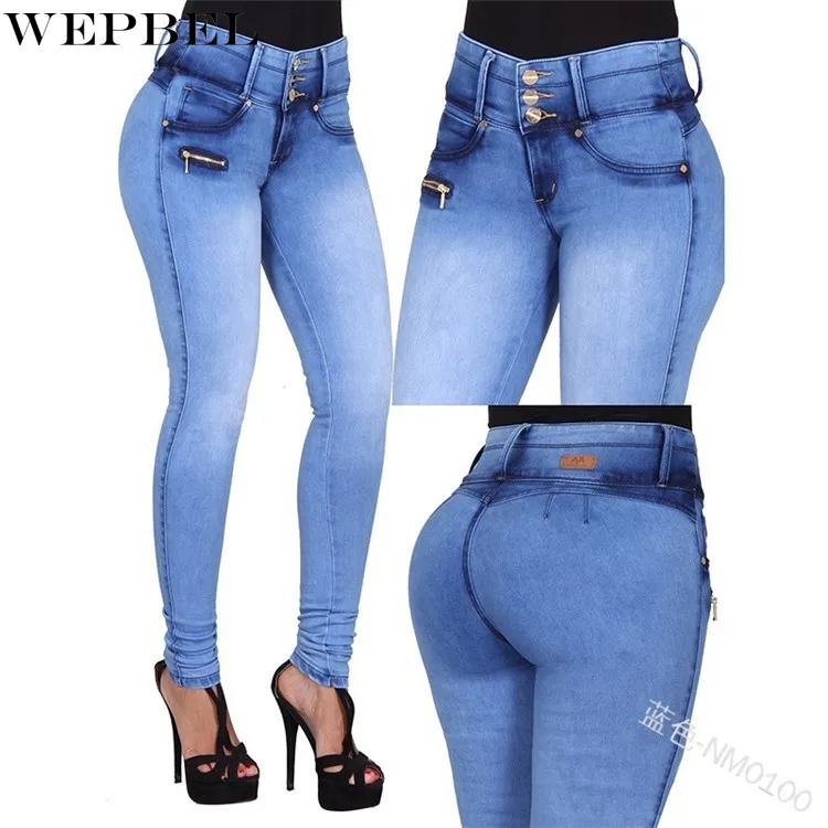 

WEPBEL Women's Casual Solid Color Slim Jeans Spring and Summer Fashion High Waist Button Zipper Denim Pencil Pants