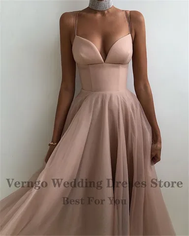 Verng Simple Old Pink/Black A Line Evening Party Dresses Spaghetti Straps Tulle And Satin Empire Tea Length Midi Prom Gowns 2021