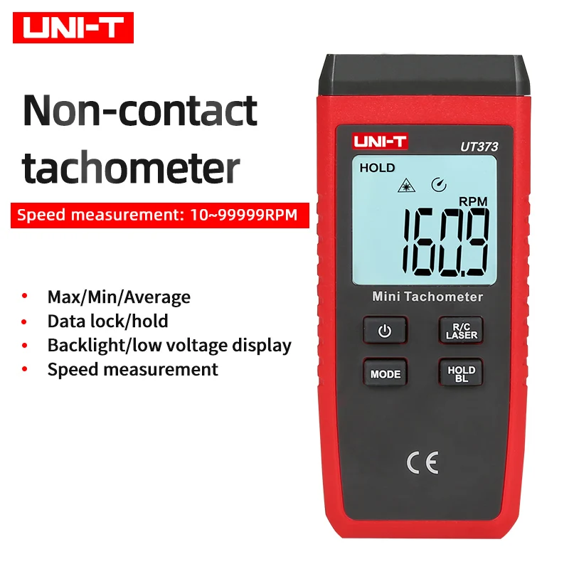 Компактный цифровой Бесконтактный лазерный тахометр UNI-T UT373, диапазон оборотов в минуту 10-99999 ОБ/мин, подсветка блокировки скорости и передачи данных