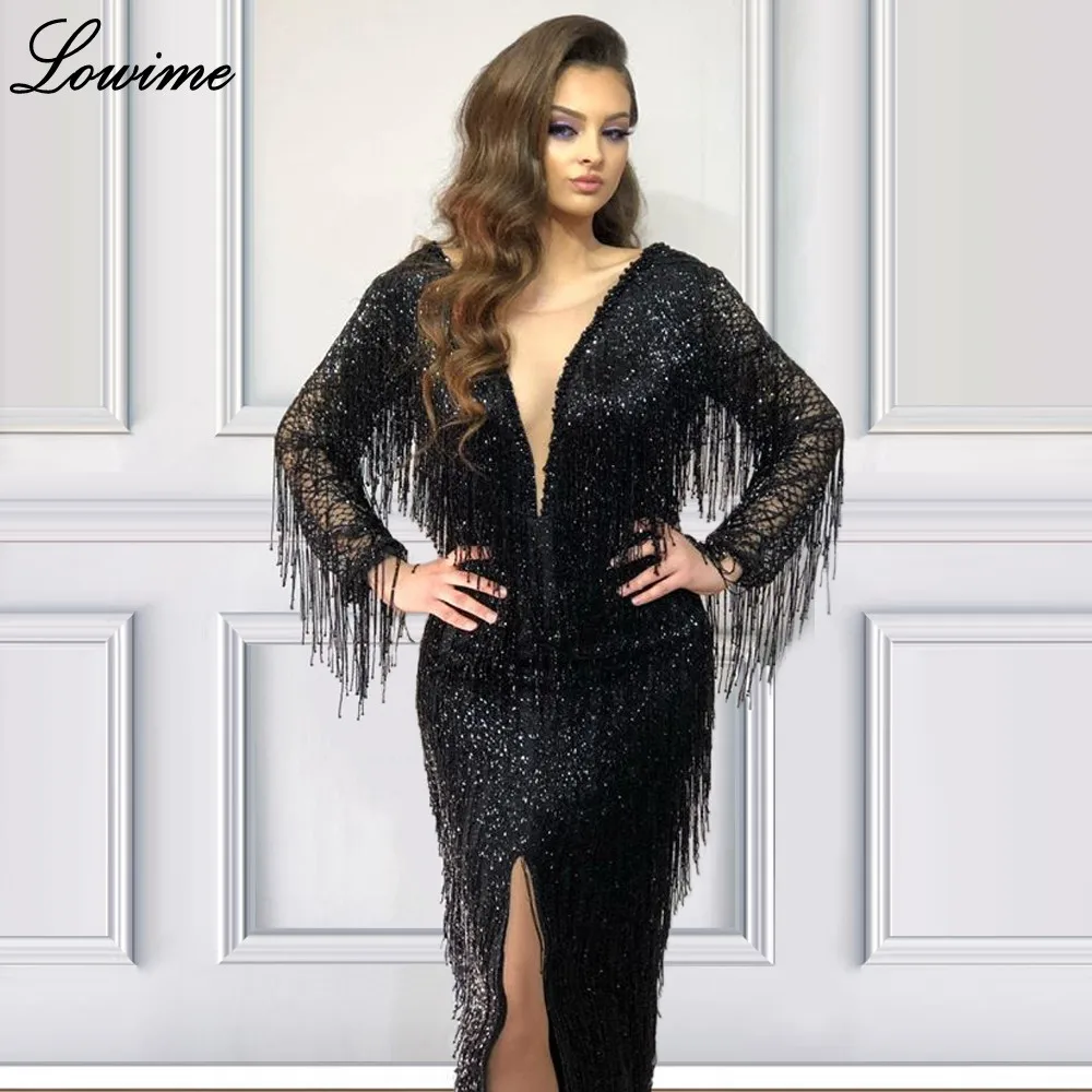 

Plus Size Black Dubai Evening Dresses 2020 Mermaid Sequins Formal Evening Gowns Arabic Robe De Soiree Sexy Prom Gowns Party