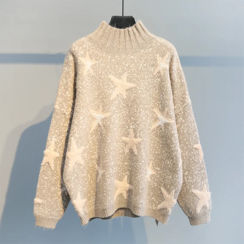 Gaganight Stars Faux Mink Cashmere Sweet Sweater Women Half Turtleneck Solid Pullover Girls Autumn Winter Thick Soft Warm Jumper | Женская