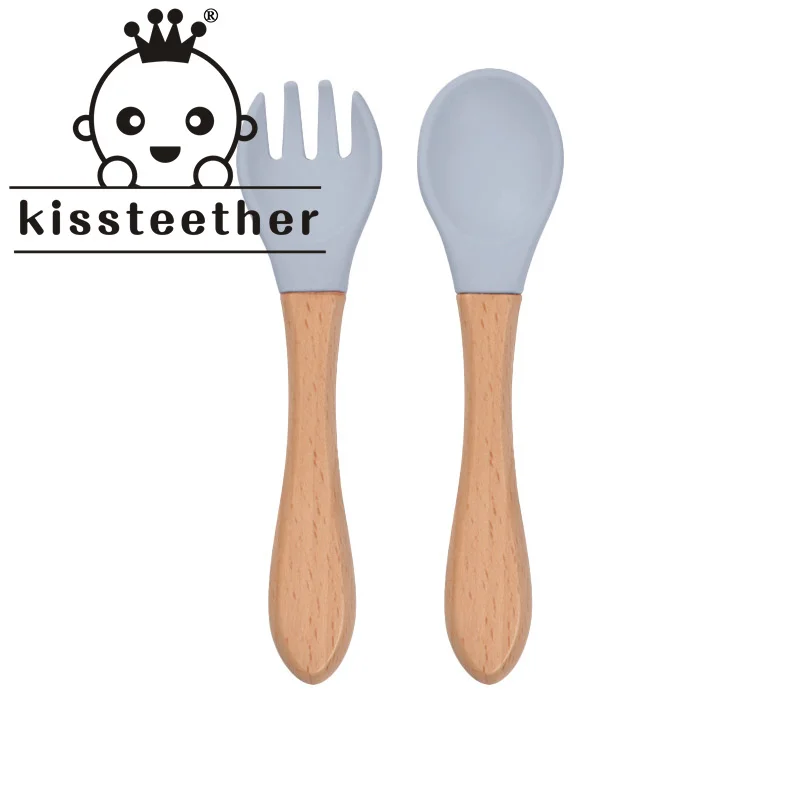 

Kissteether 2pcs Baby Bamboo Fork Silicone Wooden Feeding Spoon Toddlers Infant Feeding Accessories Organic BPA Free Food Grade