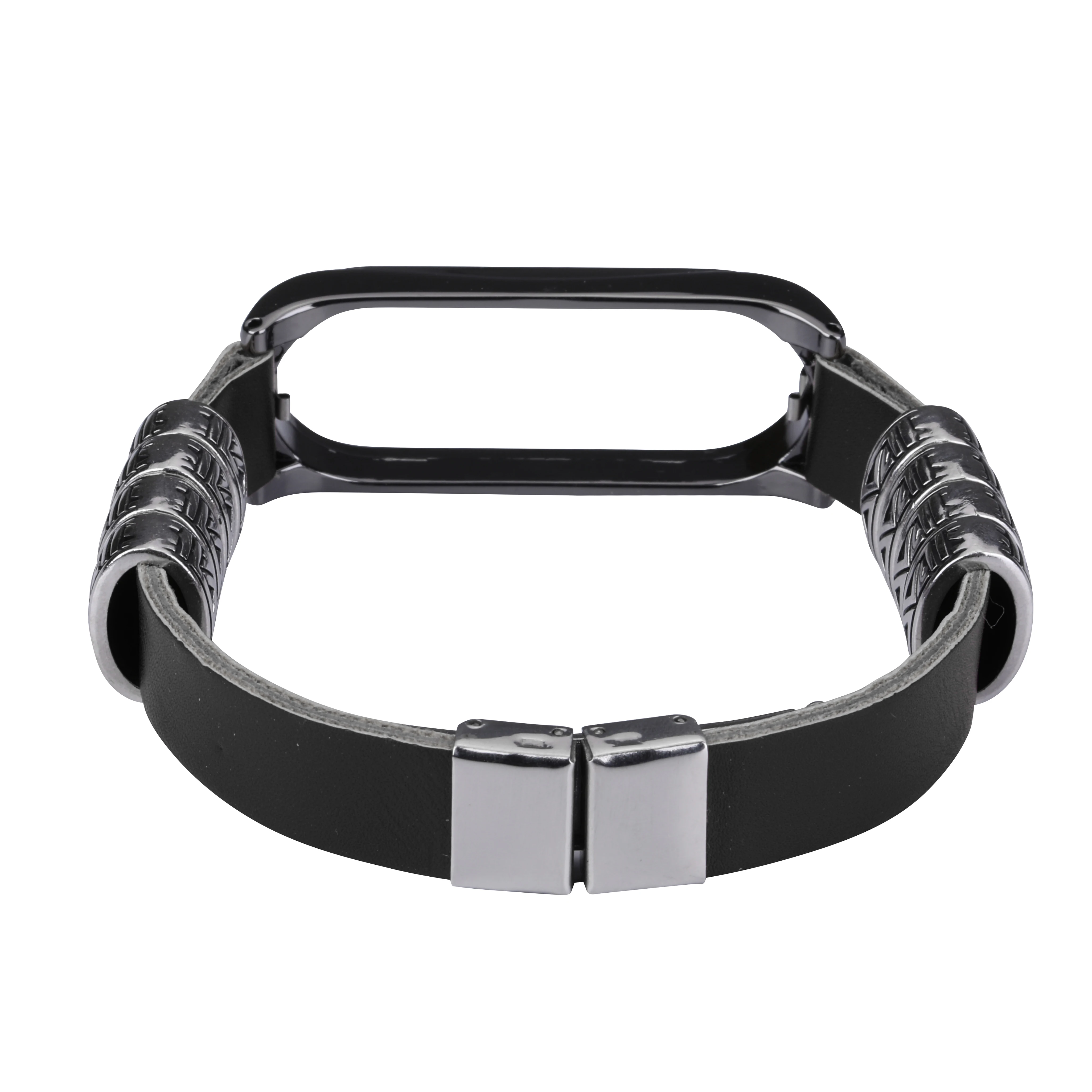 

Leather Bracelet for Mi Band 6 5 4 3 Wristband 3D Relief Stainless Steel Case Leather Strap Pulseira For Miband 6 Mi Band5 4 Mi3