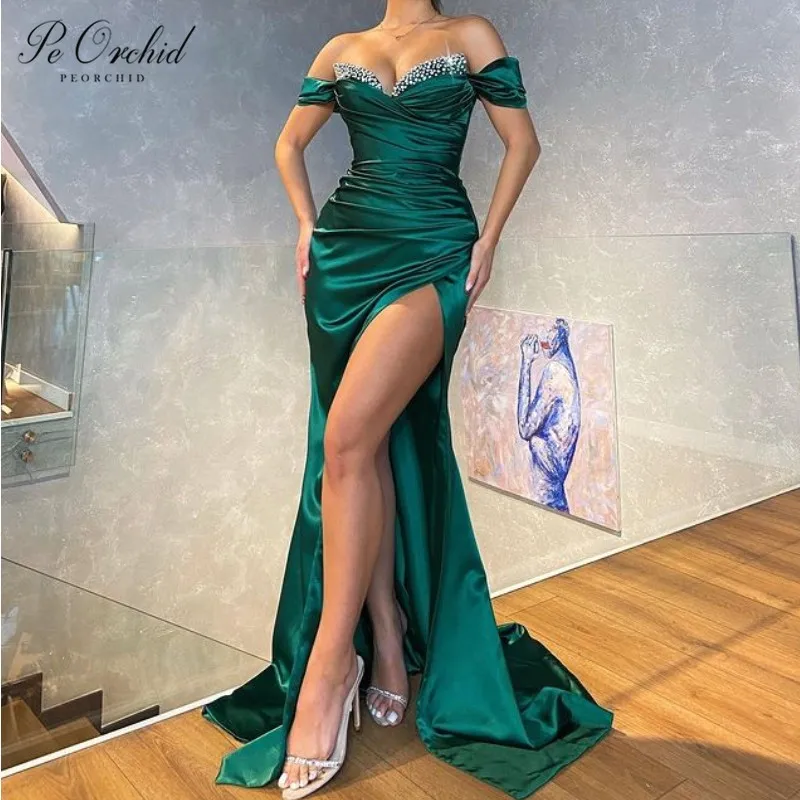 PEORCHID 2022 Elegant Beads Crystal Evening Dresses Sexy Slit Side Party Dress Vestido De Baile Woman Emerald Green Formal Gown