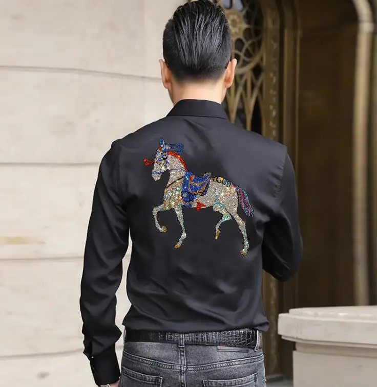 

Fashion Men Summer long Sleeve Casual Male Shirt Rhinestones horse slim fit Homme Top shirts