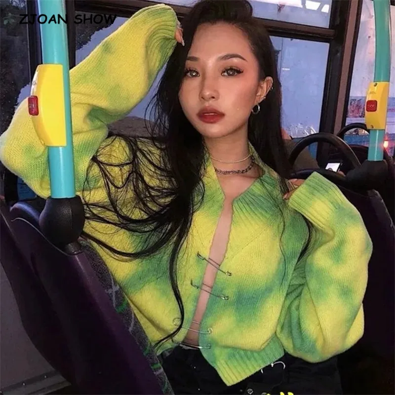 

2020 Korea Style Vintage Yellow Tie dye Big pin Cardigan Sweater Sexy V neck Long Sleeve Loose Short Jumper Coll girl Streetwear