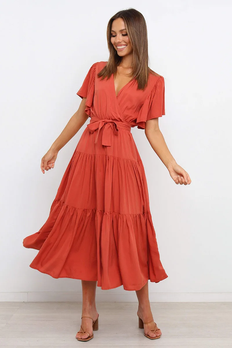 

Summer Beach Style Dress Women Fashion Casual Solid V-neck bag with ruffle Maxi Dress For Women