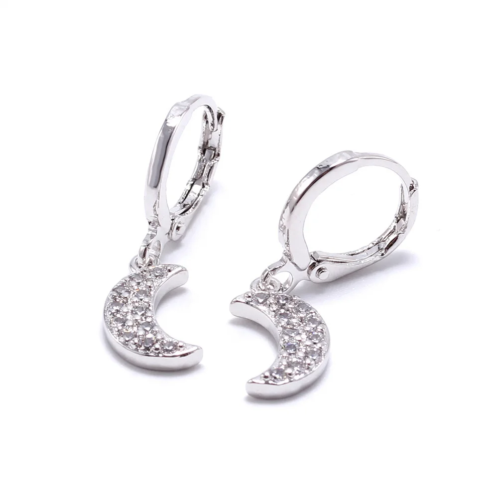 Крошечные трендовые серьги-подвески с фианитом и золотым месяцем маленькие