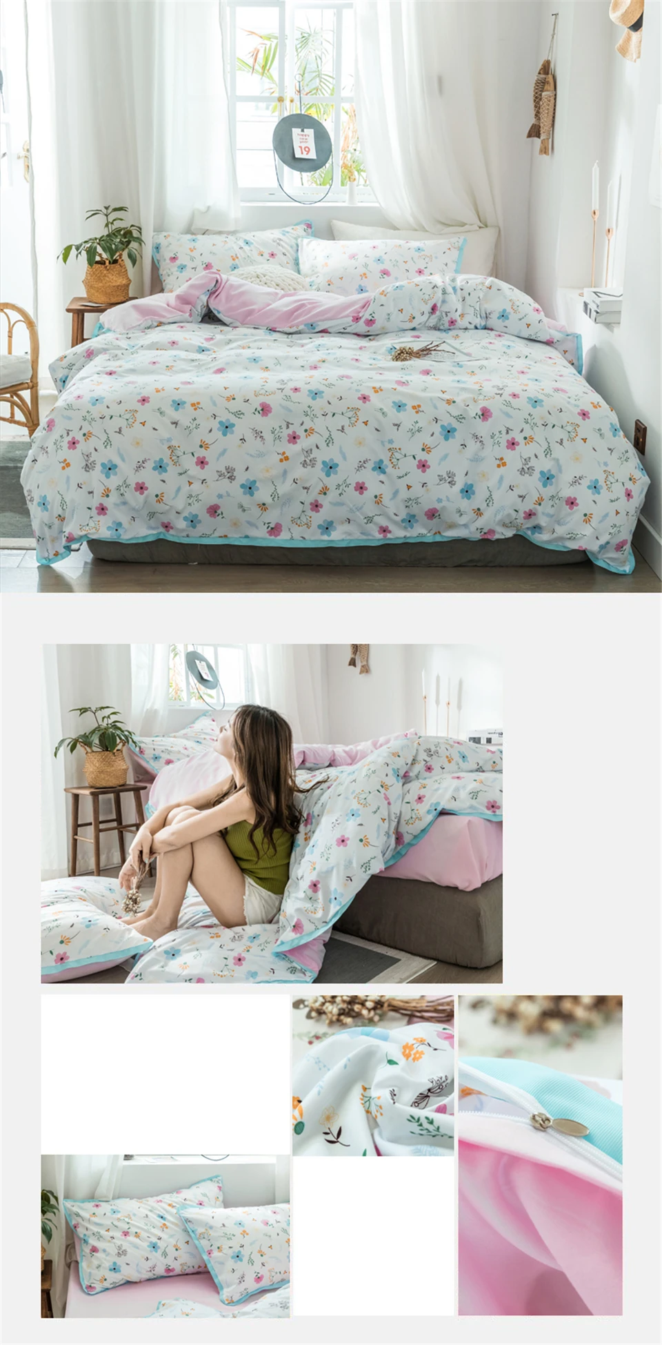 SlowDream Bedding Set Pastoral Style Flowers Bedspread Duvet Cover Set Flat Sheet For Adult Child Single Bed 1.0/1.2 Double
