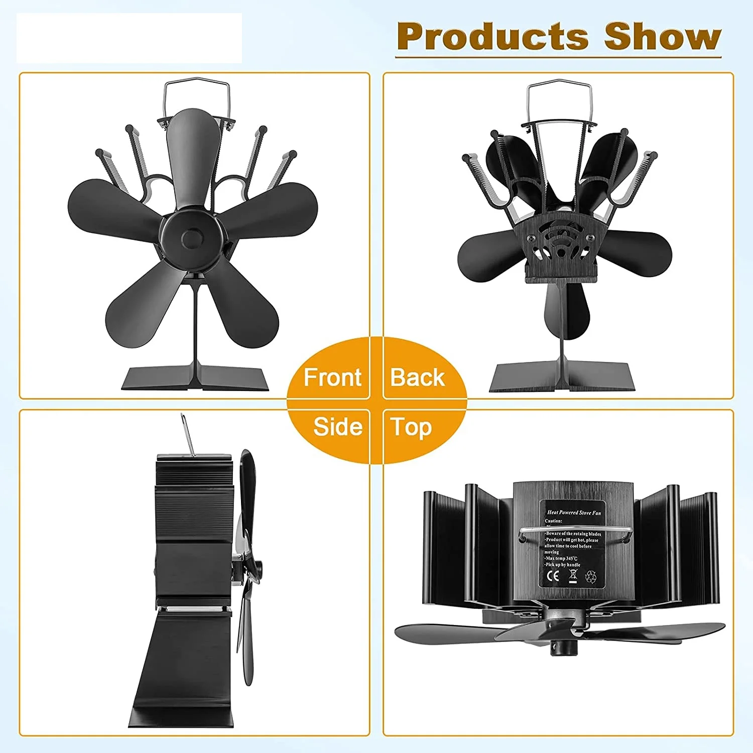 

5 лезвий, быстрое устройство с термометром, вентилятор для деревянной плиты, бесшумные двигатели циркулируют тепло для газовых/пеллетных/де...