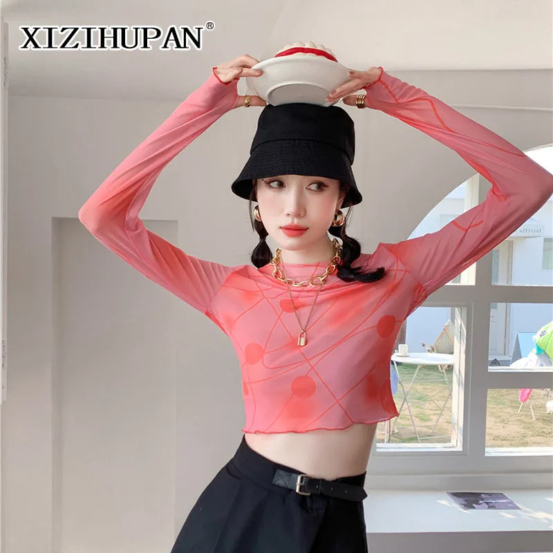 

XIZIHUPAN Sexy Striped T Shirt For Women O Neck Dot Long Sleeve Print Vintage T Shirts Female Summer Fashion Clothing 2021 Tide