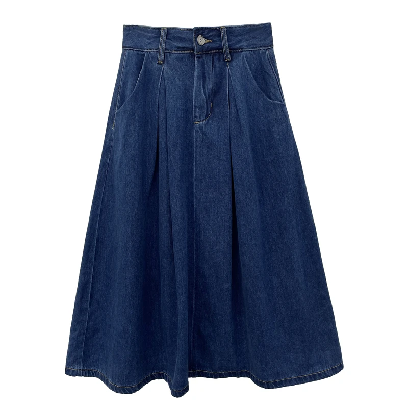 

Summer Women Korean Style Vintage Plain Midi Denim Skirts Loose Casual All-match A-line High Waist Pleated Skirts Lady B14929X