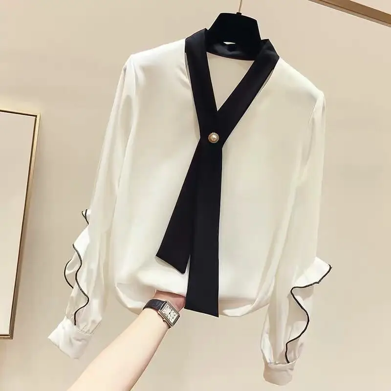 

spring and autumn new fashion slim color matching V-neck long-sleeved chiffon shirt female large size S-2XLhigh quality hot sale