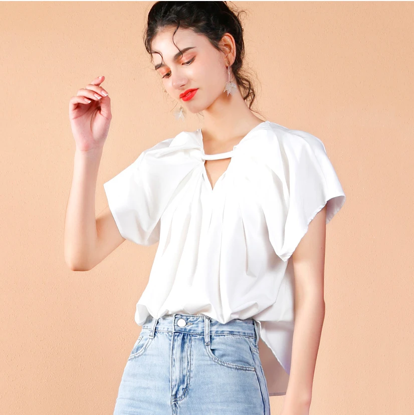 

2021NEW summer simple, loose and thin temperament pleated design shirt top, V-neck chiffon ruffled short-sleeved women's T-shirt
