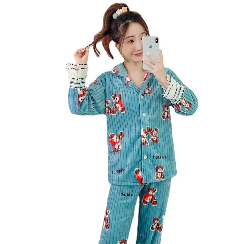Autumn and Winter Coral Velvet Pajamas Women's Suit 2021 New Flannel Thickened Plus Velvet Warm Home Service
