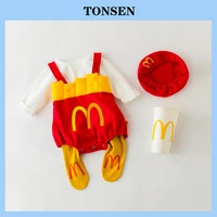 tonsen baby boys girls clothes sets novelty funny chips suspender trousers romper jumpsuitsolid t shirtred beret photograph