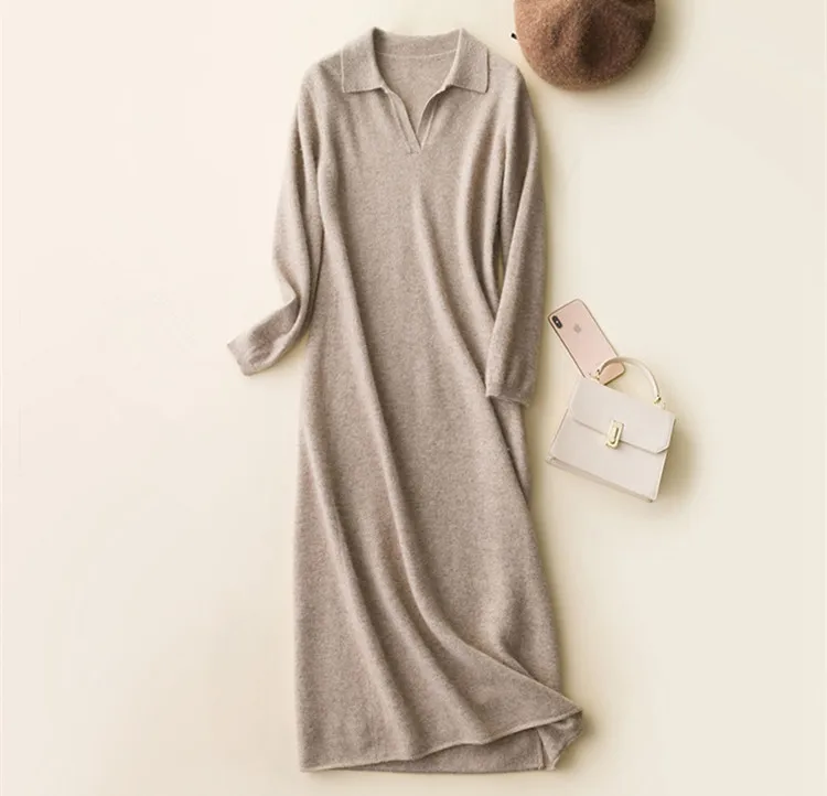 Однотонный кашемировый свитер с воротником-поло женское облегающее платье