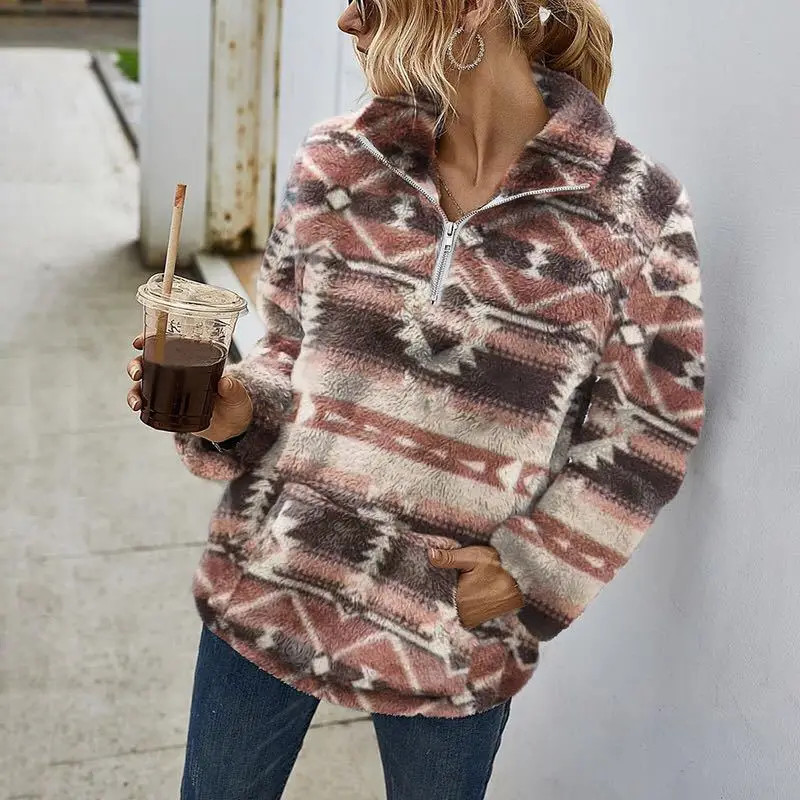 

Lugentolo Plush Sweaters Women Stand-up Collar Long Sleeve Kangaroo Bag Double-faced Hair Streetwear Striped Sweater