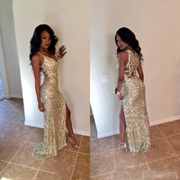 gold sequins long prom dresses sexy thigh high slits magnetic halter vestidos de fiesta hollow back mermaid prom gowns