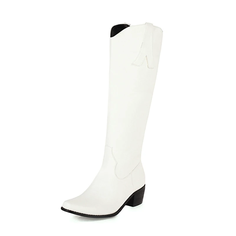 

ANNYMOLI Pointed Toe Knee High Boots Woman High Heel Western Boots Thick Heel Long Boots Zip Female Shoes Autumn Winter White 46