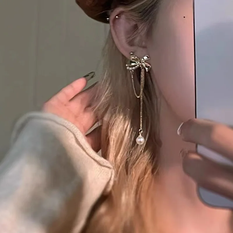

Bow Earrings, Long Tassel Earrings, Exquisite Temperament, Pearl Silver Needles Earings Fashion Jewelry 2020 Earring Long