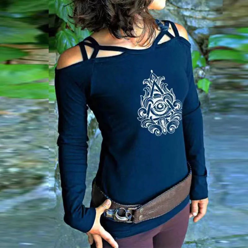

2021 Spring Fashion Cross Shoulder Straps Tee-Shirts Women Vintage Print Tops Female Casual Long Sleeves Slim Pullovers T-Shirt