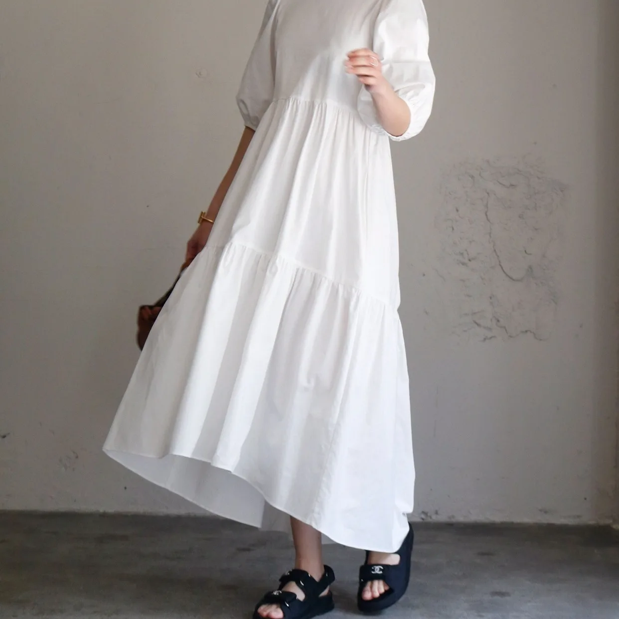 

Chic Loose Temperament A Line Puff Sleeve Solid Color Dress Long White Ruffle Elegant Loose Fashion Clothes Summer