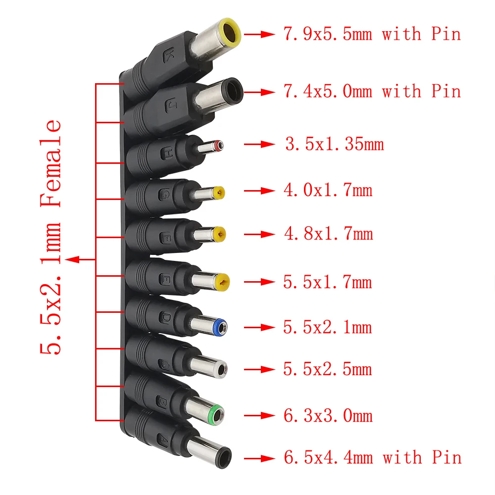 10Pcs/set DC Power Supply Jack 5.5x2.1mm Female Adapter to 10 Male Plugs Tips Connector Converter for Laptop Notebook | Обустройство
