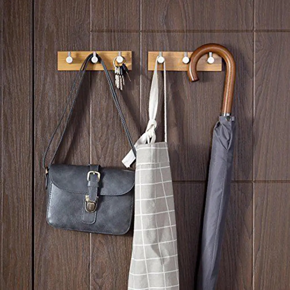 

Self-Adhesive Wall Hooks Solid Stainless Steel Peg Bamboo Rack Rail Nail-free Door Back Coat 3 Hook