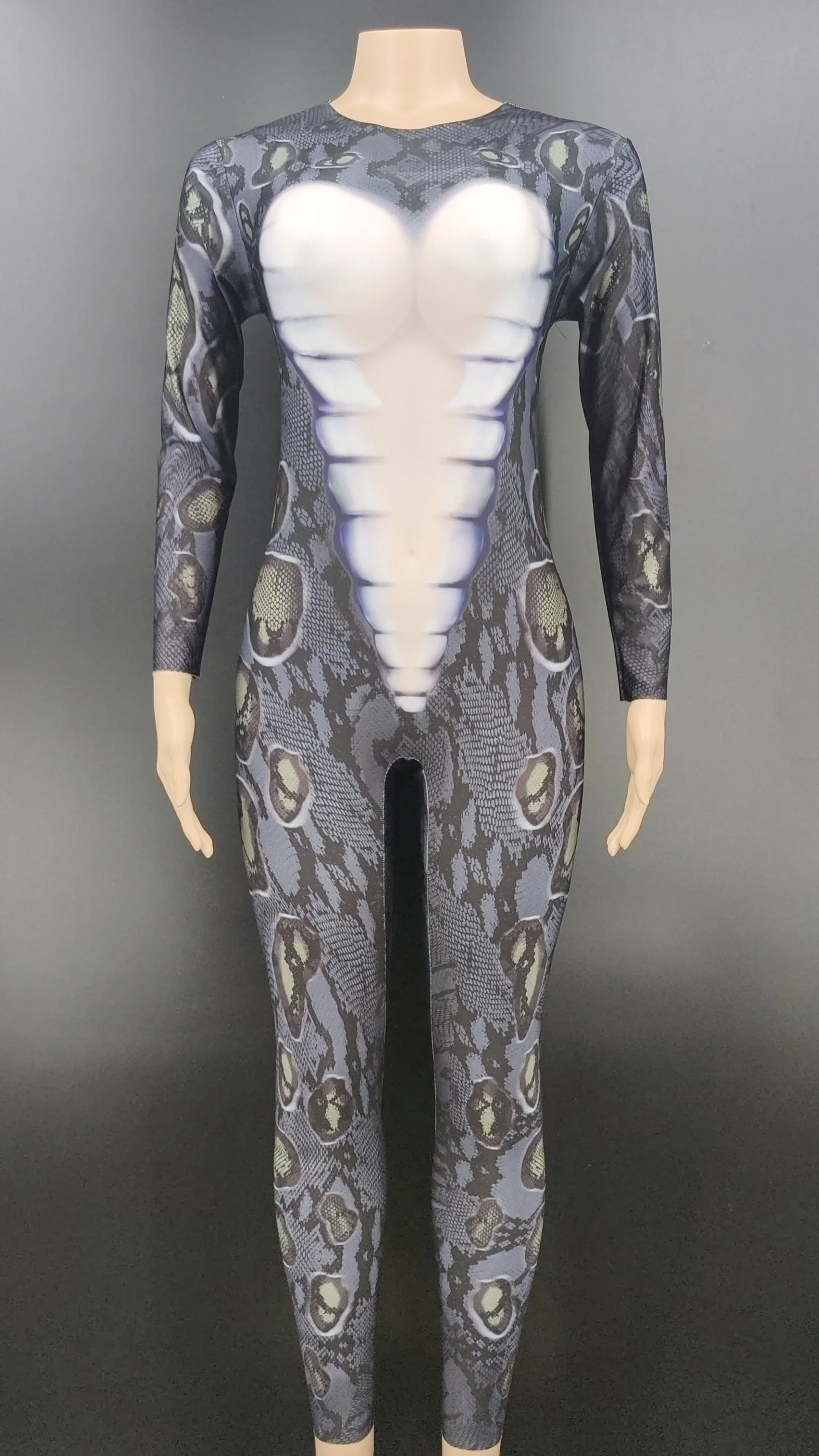 Women Sexy Stage Women Long Sleeve Turtleneck Bodysuit Slim Romper Tops Snake Skin Print Clubwear Party Jumpsuit Leotard