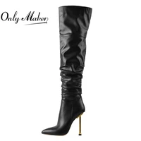 onlymaker womens pointed toe metal heel black matte side zip knee high boots big size lady fashion classic long winter boots