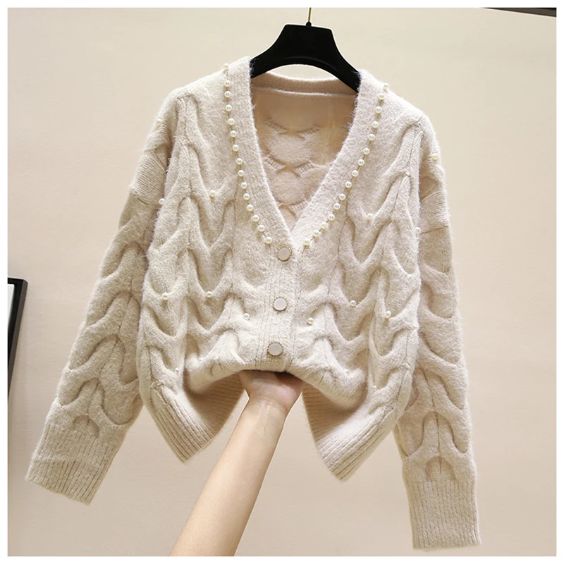 

Lucyever Sweet Pearl Knitted Cardigan Sweaters Elegant Thick Women Loose Casual Sweater Coat Cute V Neck Single Breasted Jacket