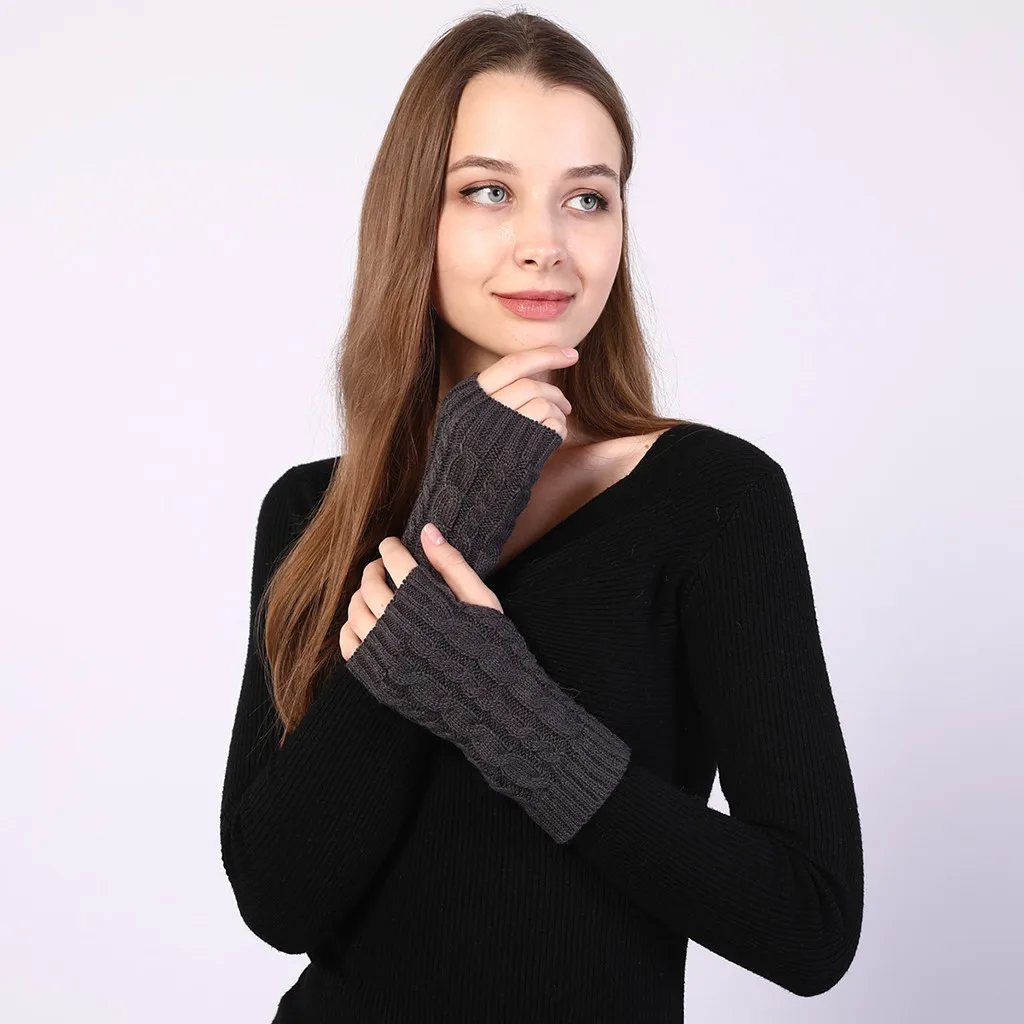 Женские длинные перчатки с вырезами вязаные ветрозащитные без пальцев