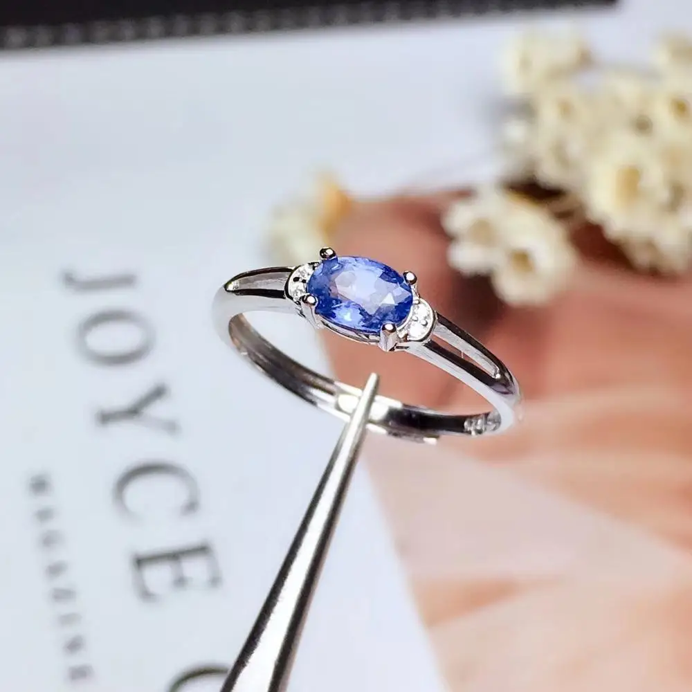 Элегантный Простой вилка круглый натуральный голубой сапфир кольцо с камнем S925